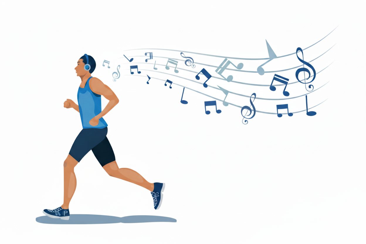 Runner listening to music while training, showing focus, energy, and motivation to stay active and improve performance.